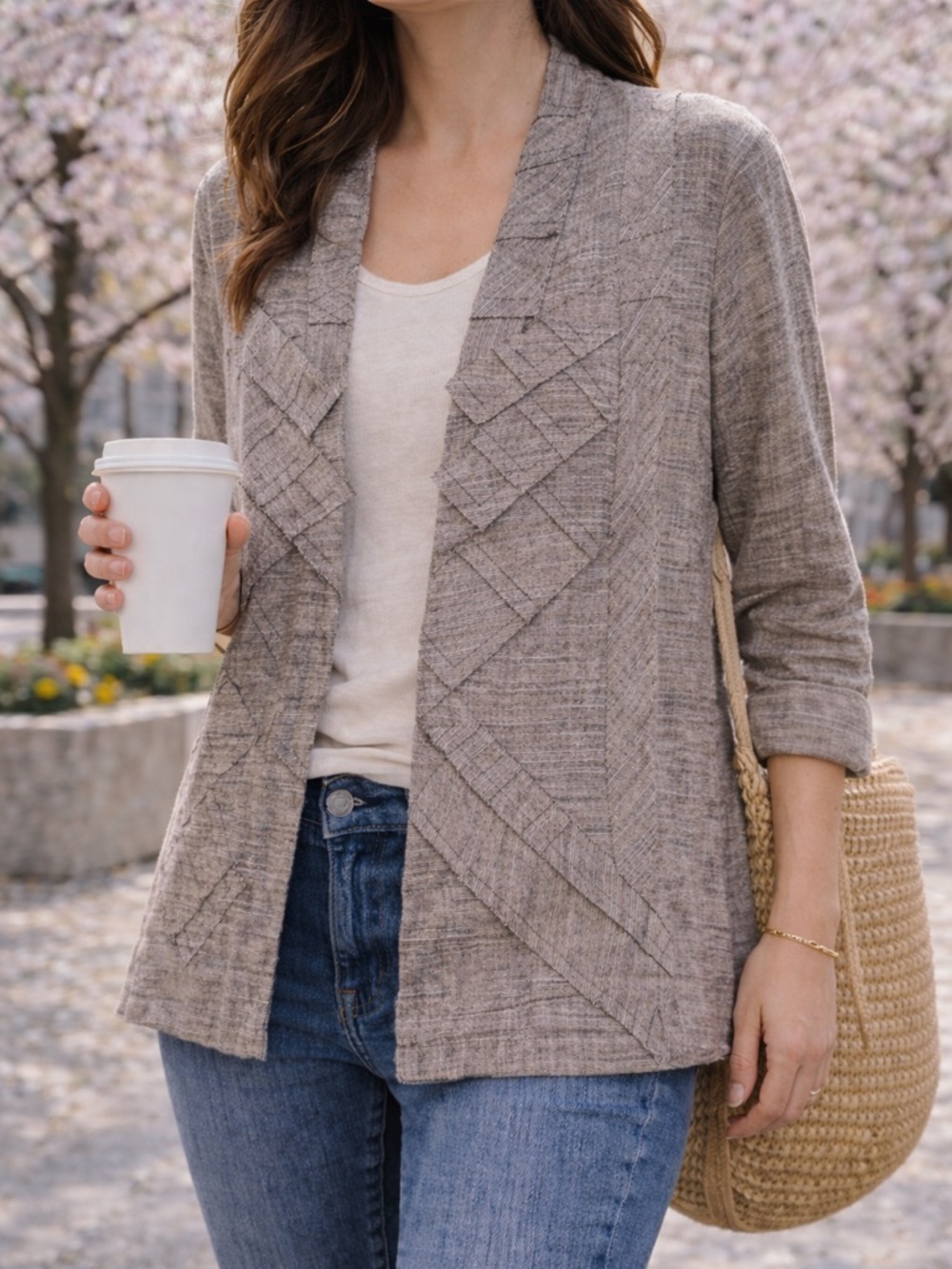 Chico’s Linen Jacket Texture Layer 🌿 Lightweight Cross Hatch Cocoa Size 2/L